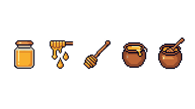 Pixel art honey items collection featuring jars, dippers, and pots filled with sweet golden liquid, perfect for retro game design.