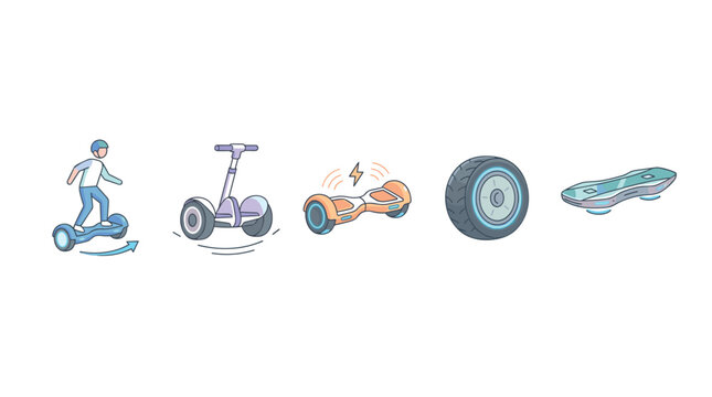 Electric personal mobility devices, hoverboards, and self-balancing scooters, representing modern urban transportation and future technology.