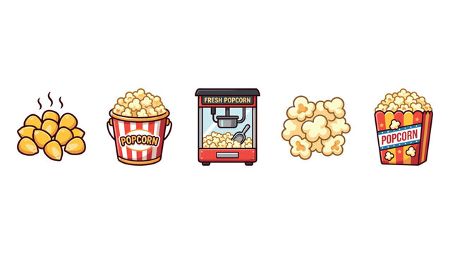 Various popcorn kernels, machine, and popped snacks are depicted in a vibrant cartoon illustration, highlighting the delicious movie theater staple.