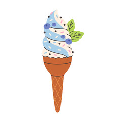 Cute ice cream in waffle cone with blueberry and mint leaves. Sweet summer treats. Perfect for summer menu, kids design, cafe promotions, prints, and stickers. Flat vector illustration © Amahce