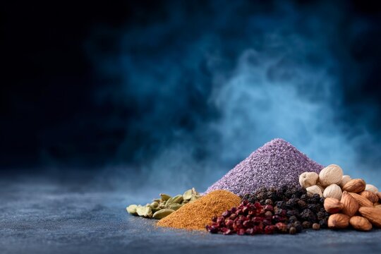 a colorful pile of spices and nuts on the right side, smoke in blue colors behind them, black background
