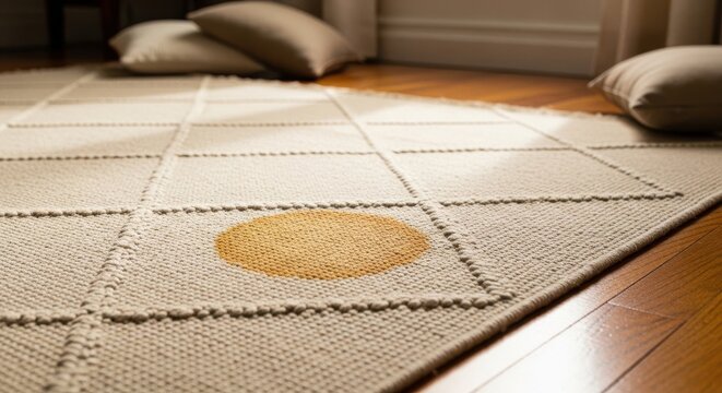 A noticeable stain marks the woven surface of a beige rug, highlighting a common household accident.