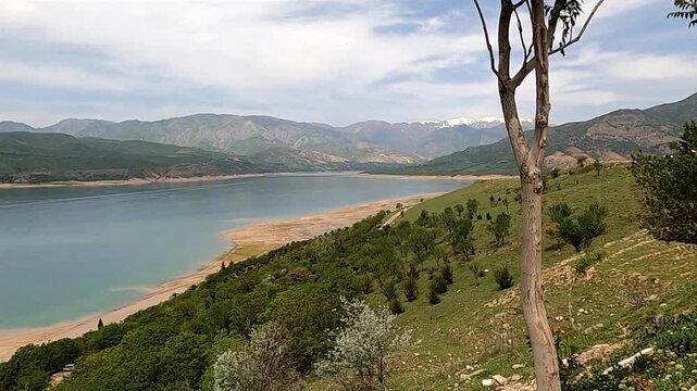 Beautiful panoramic view of Charvak reservoir lake in Uzbekistan