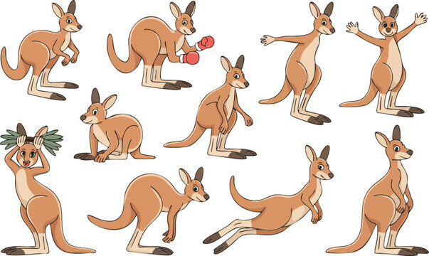 Cartoon kangaroo characters set featuring various poses and activities such as boxing jumping and eating for design use.