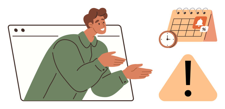 Time management, deadlines, reminders, digital tasks, online scheduling, productivity. Person gesturing from a browser window with calendar, clock and warning sign. Time management and deadlines