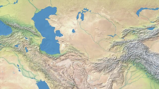 Cinematic Zoom from World Map to TURKMENISTAN Terrain Map, Earth Navigation Animation