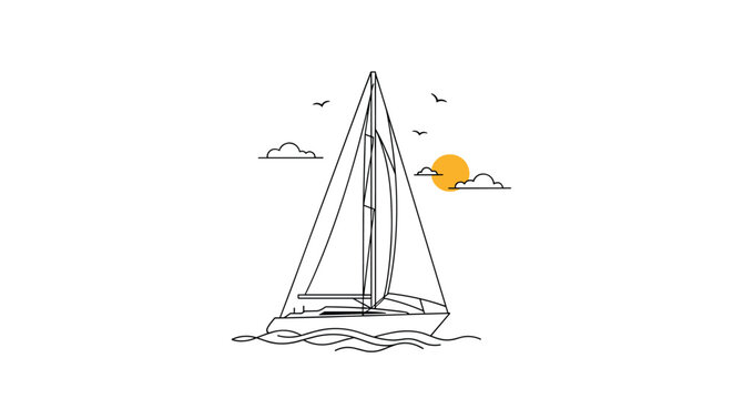 Elegant sailboat cruising on water with a setting sun line art illustration for travel, adventure, and maritime themes.