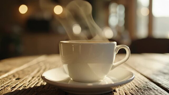 Steaming cup of coffee on a rustic wooden table in a cozy cafe setting