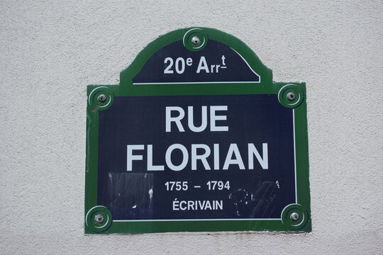 Paris 20 plaque de rue illustrative d'un pr&eacute;nom Florian et d'un &eacute;crivain