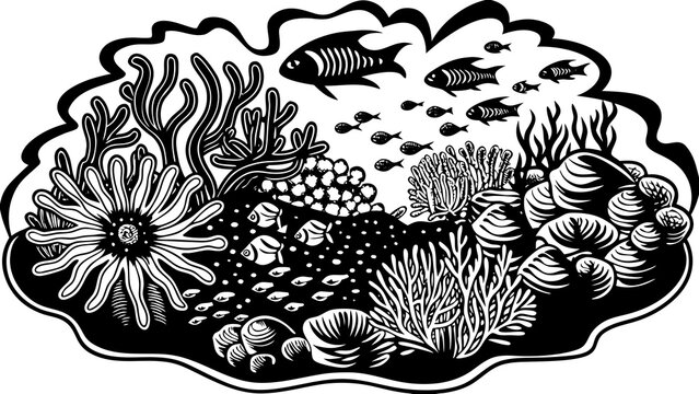 Underwater coral reef ecosystem with diverse fish underwater silhouette illustration monochrome stylized abstract swimming environment ecosystem wildlife oceanography undersea creatures