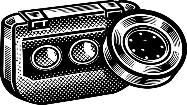 Black and white illustration of a portable cassette player with speaker line art audio equipment vintage electronics music player sound device audio technology cassette portable electronics