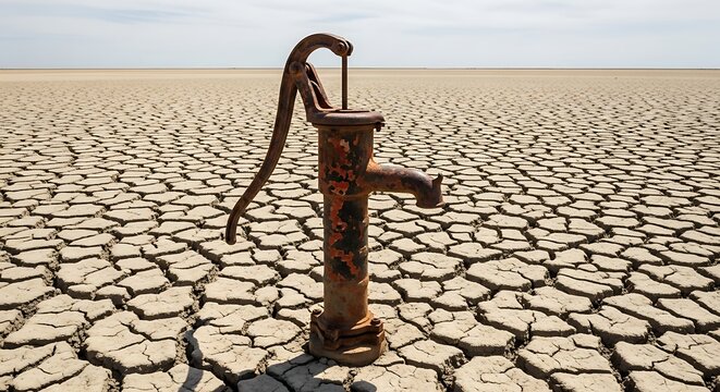 A rusty, old water pump stands in the middle of barren, cracked, and parched earth under a vast, empty sky, symbolizing drought and desolation