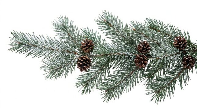 Green spruce branch covered with snow and decorated with pine cones, isolated on white background. Perfect for Christmas and winter design.