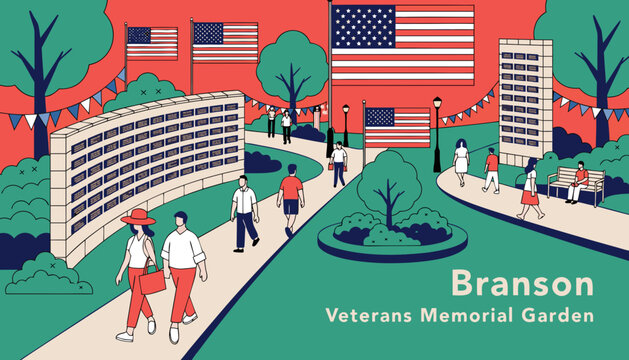 Branson Veterans Memorial Garden, American flag, memorial park, garden illustration, veterans tribute