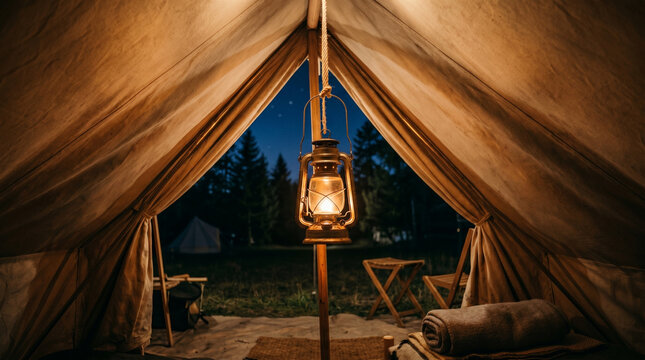 A lantern hung from the tent ceiling, providing camping lighting inside the tent