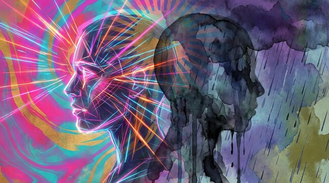 Conceptual artistic illustration of dual personality and emotional contrast.