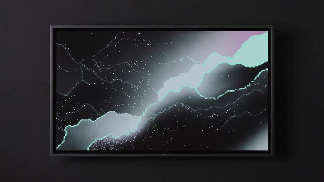 Abstract digital art display on a wall, featuring a glowing, pixelated lightning bolt effect against a dark, grainy, atmospheric background