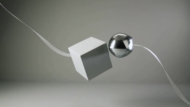 Abstract composition with a chrome sphere and a white cube suspended by flowing ribbons against a neutral grey background