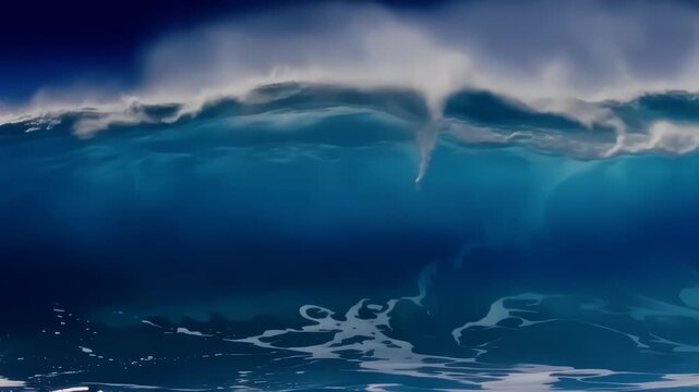Massive ocean wave crashing with white foam and a small whirlpool forming in the deep blue water