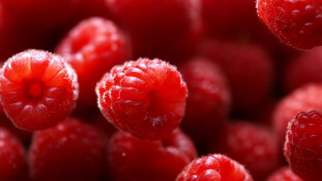 Slow rotation close-up shot of fresh red raspberries with detailed texture on bokeh red background