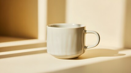 Fototapeta premium white ceramic mug on beige surface with soft lighting