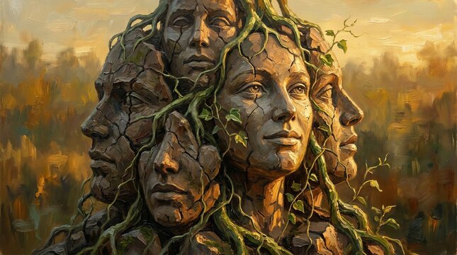 Surreal sculpture of human faces intertwined with climbing vines and roots in nature.
