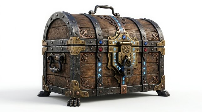 Vintage wooden treasure chest with ornate metal hardware, antique pirate trunk with iron lock and blue gems, rustic fantasy loot box isolated on White Background