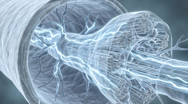 Microscopic peripheral nerve fiber. Electrical synaptic impulse transmission. Biotechnology medical illustration concept