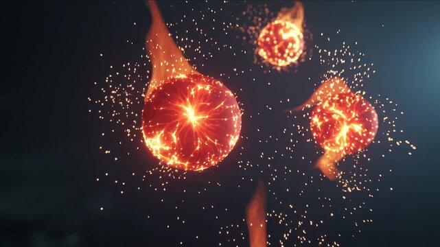 Abstract background with glowing fireballs or energy spheres with sparks and smoke trails floating in dark space