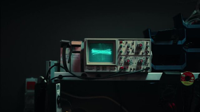 Cathode ray oscilloscope displaying green waveforms and lissajous curves in a dark science laboratory