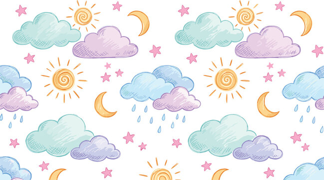 Hand Drawn Weather Seamless Pattern with Pastel Clouds Sun Moon Rain and Stars Vector Background for Cute Nursery Wallpaper Designs