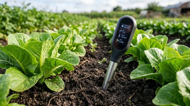 Digital agriculture sensor probe testing organic soil in a farm field