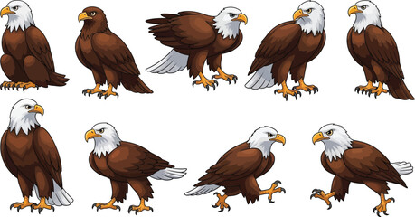 Naklejka premium Bald eagle cartoon mascot vector set featuring powerful American eagle birds in different standing and walking posesBald eagle cartoon mascot vector set featuring powerful American eagle birds in diff