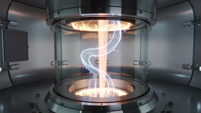 Futuristic scientific laboratory equipment with a glowing energy core inside a glass cylinder, hightech fusion reactor concept