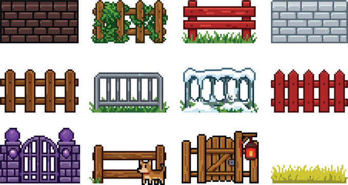 Pixel Art Fence and Wall Vector Icon Set with Wooden Gates Brick Barriers and Stone Borders for Retro Game Asset Designs