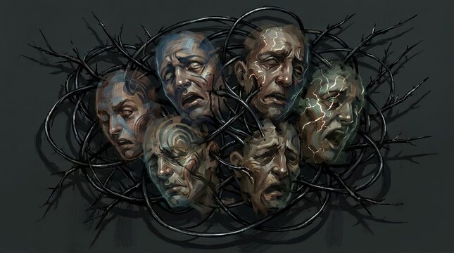 Surreal digital artwork featuring multiple human faces entangled in dark thorns.