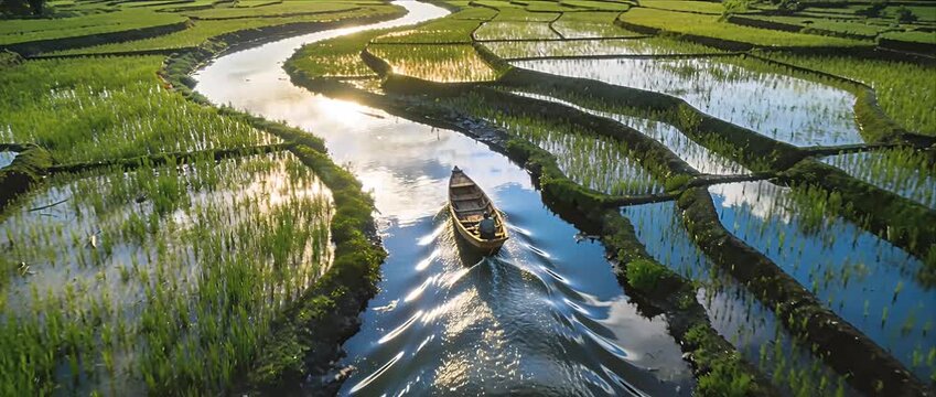 Aerial river boat farmer rice field green reflection sunrise nature rural landscape agriculture pattern winding waterway through lush paddy countryside evokes peaceful rural life and timeless