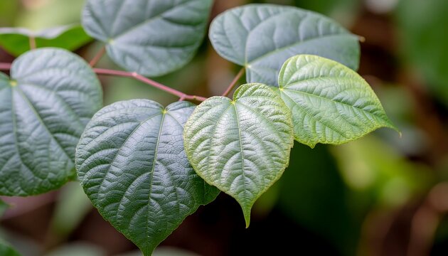 Close up of vibrant green heart shaped leaves on a branch.