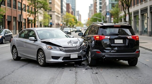 Two cars involved in a city street accident with damage  silver and black vehicles