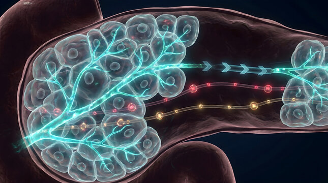 Pancreatic islet cell structure. Endocrine hormone secretion tracking. Medical infographic healthcare concept
