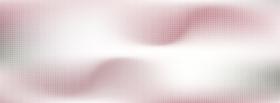 Abstract soft pink and white gradient mesh background with elegant halftone dot texture pattern overlay, horizontal vector banner backdrop.