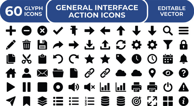 General Interface Action Icons Glyph Set for Web App Controls, Navigation, Editing, and Dashboard Design