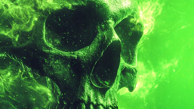 Vibrant Green Burning Skull with Smoke Effects