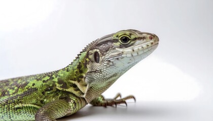 Fototapeta premium Close up portrait of a green lizard on a white background.