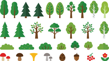  Minimalist Forest Vegetation Graphic Bundle with Flat Deciduous Trees Coniferous Pines Shrubs Berries and Foliage Assets for Map Design © Rumi