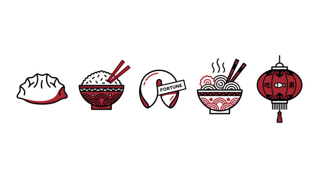 Asian food and culture icons set with traditional elements like dumplings, rice, fortune cookies, ramen, and a decorative lantern in a clean graphic style.