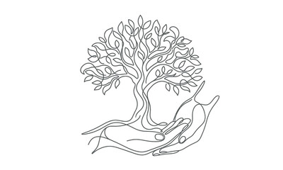 Fototapeta premium Hand holding a growing tree illustration symbolizing protection and growth isolated on transparent background, Vector silhouette one line art design editable