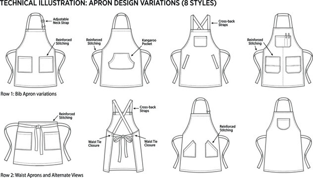 Professional Kitchen Apron Fashion Technical Drawing Bundle with Cross Back Straps and Pocket Details Black Line Art Vector Graphics for Manufacturing