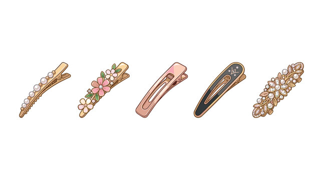 Five elegant decorative hair clips featuring pearls, flowers, and sparkling jewels, perfect for fashion and beauty accessory designs.
