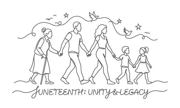 Family walking together celebrating juneteenth unity and heritage isolated on transparent background, Vector silhouette one line art design editable